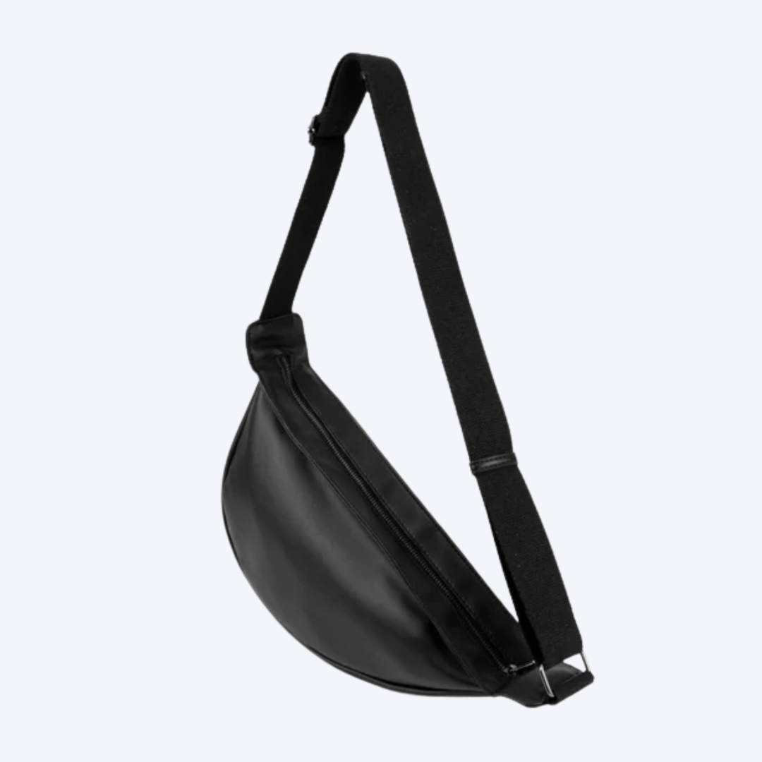 Black waist bag with a strap on a white background